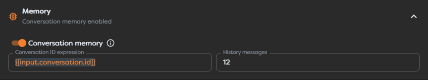 Conversation memory enabled with a stable conversation ID expression and a 12-message history limit