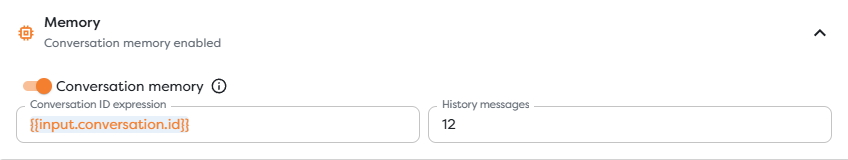 Conversation memory enabled with a stable conversation ID expression and a 12-message history limit
