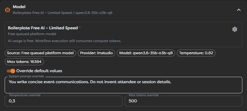 The AI Agent Model panel showing the active source and its generation defaults