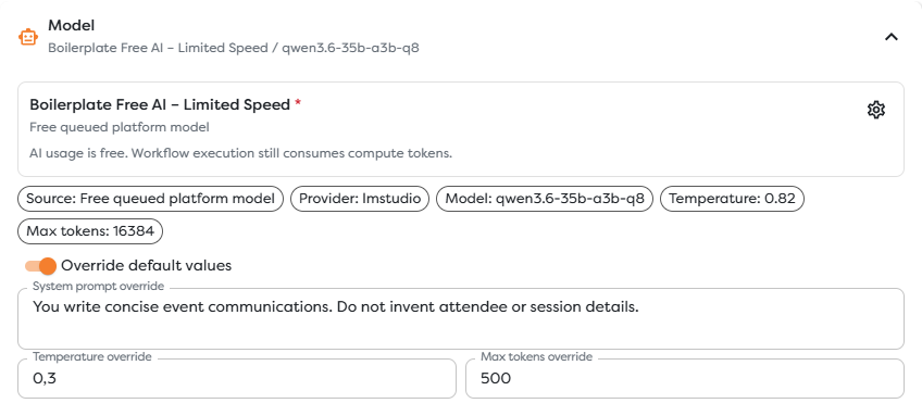 The AI Agent Model panel showing the active source and its generation defaults
