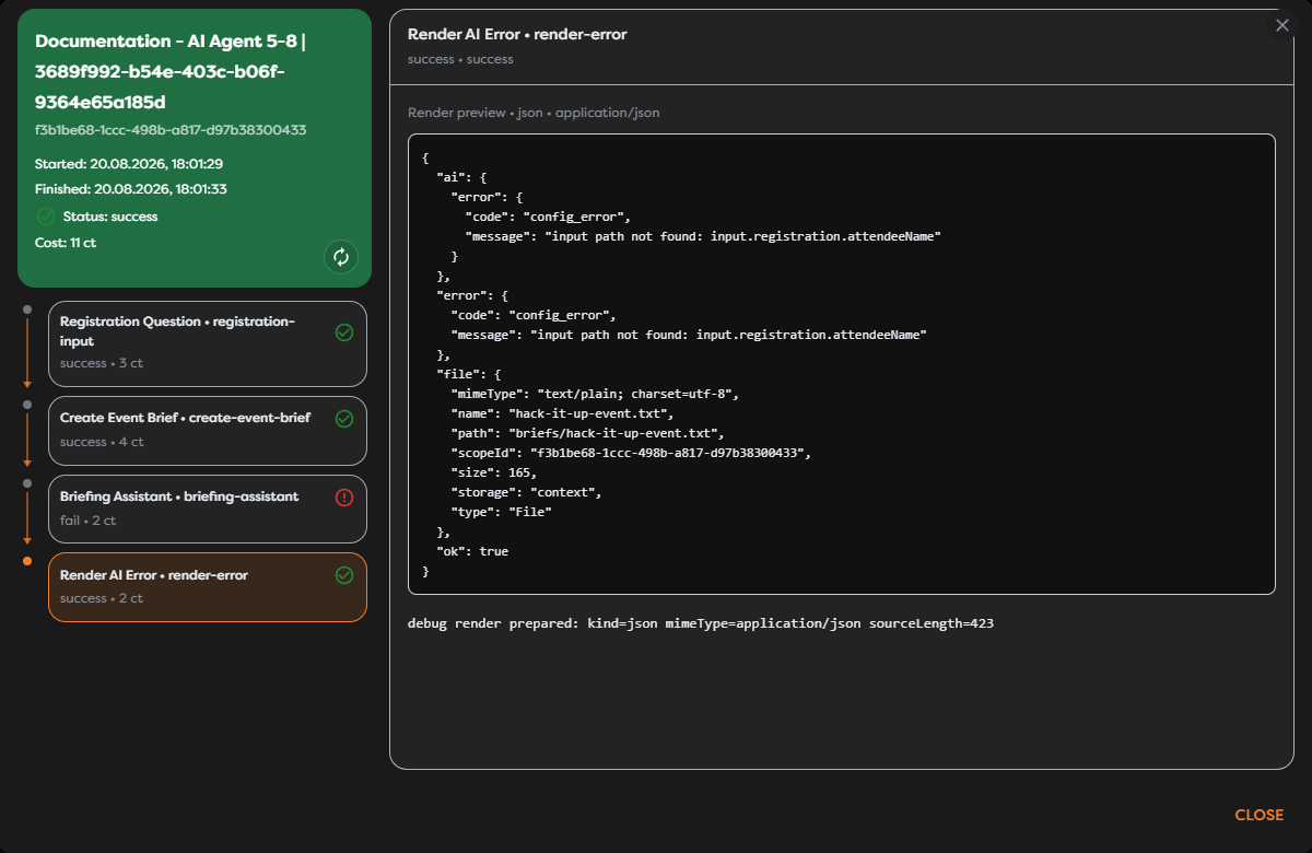 A completed test run whose AI Agent failed while the connected error-rendering branch completed successfully