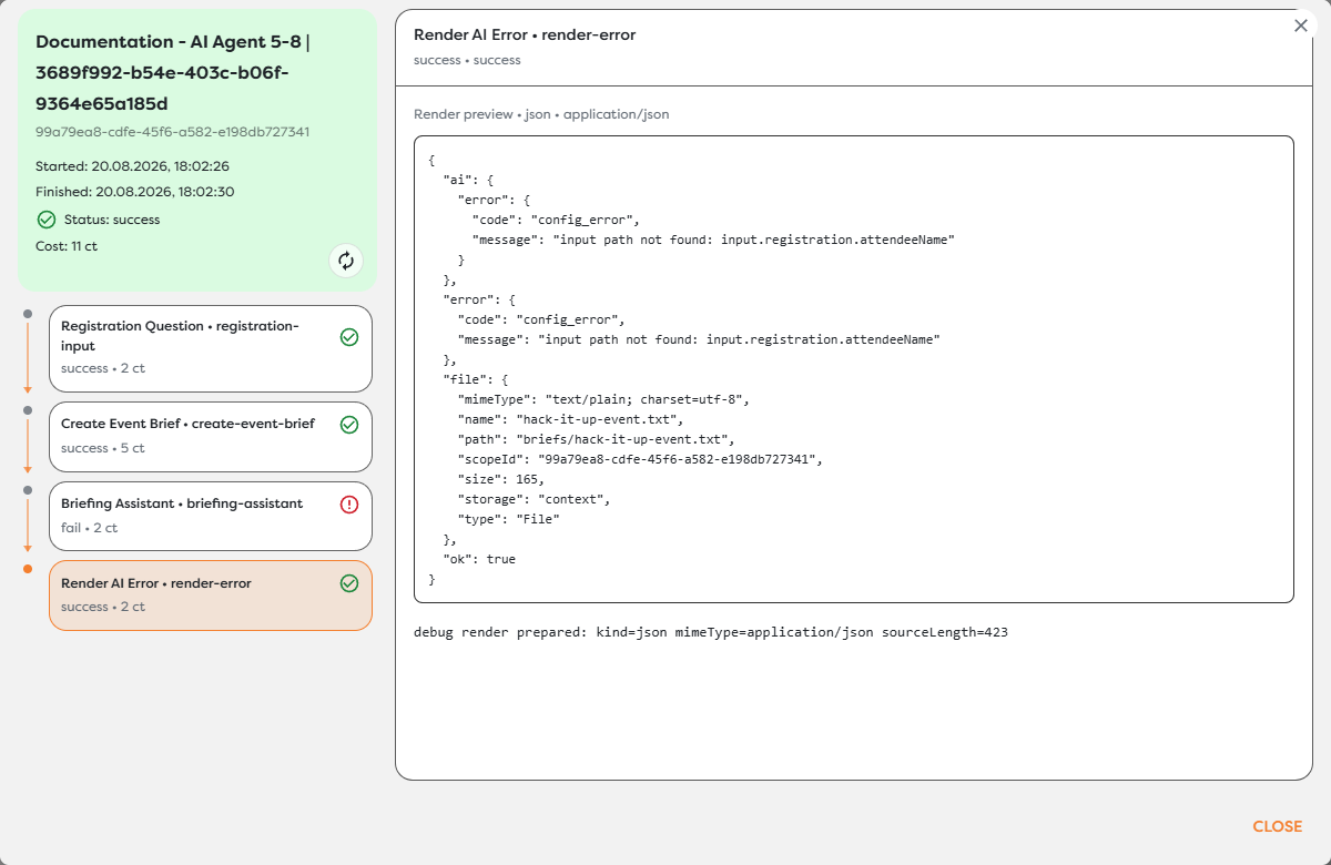 A completed test run whose AI Agent failed while the connected error-rendering branch completed successfully