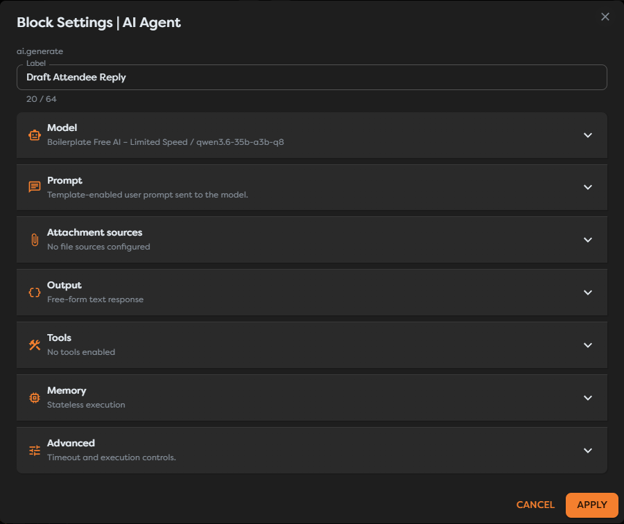 The seven AI Agent configuration panels in Block Settings