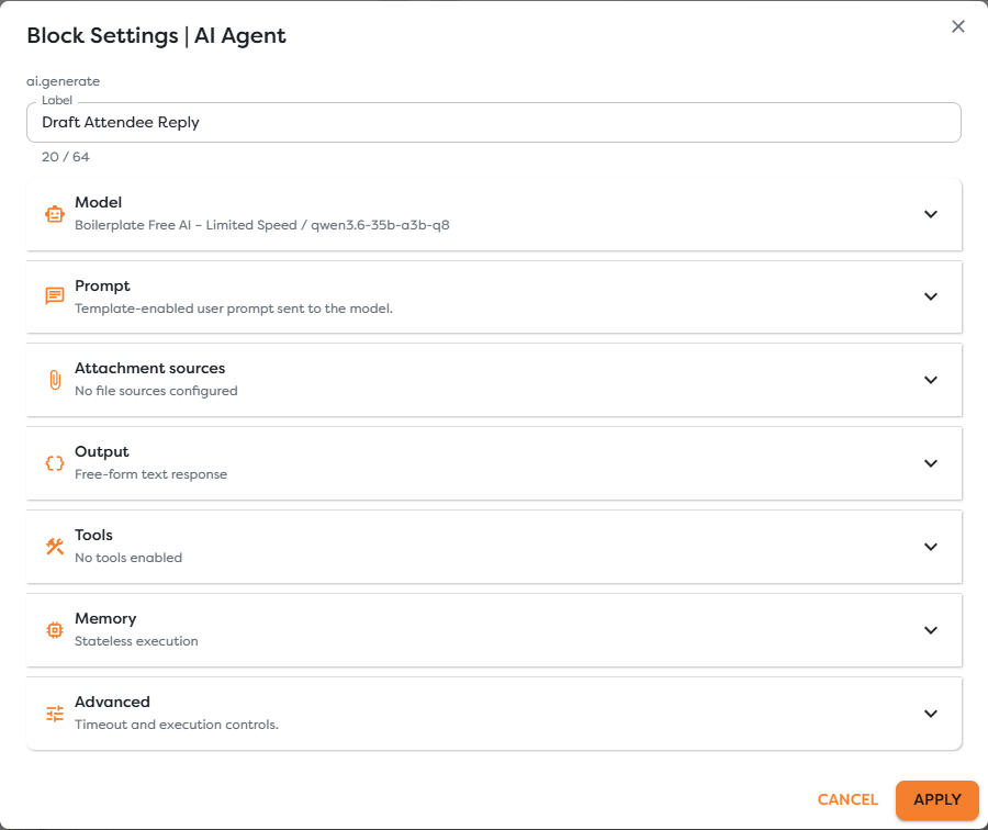 The seven AI Agent configuration panels in Block Settings
