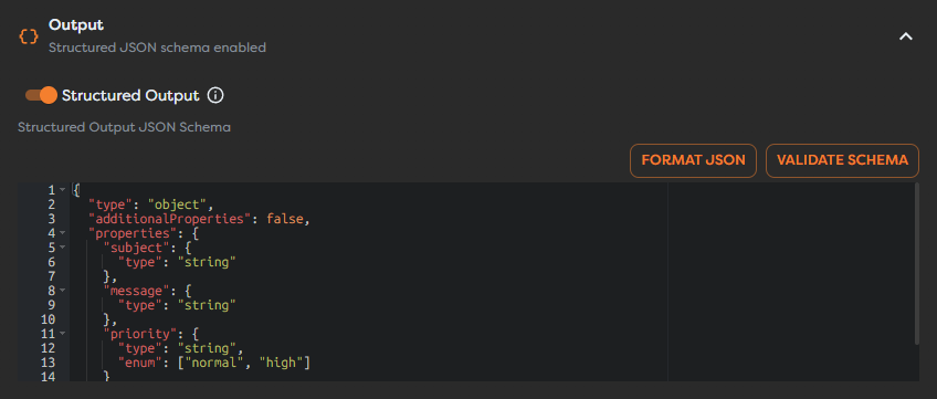 The AI Agent Output panel with a formatted JSON Schema for an event reply