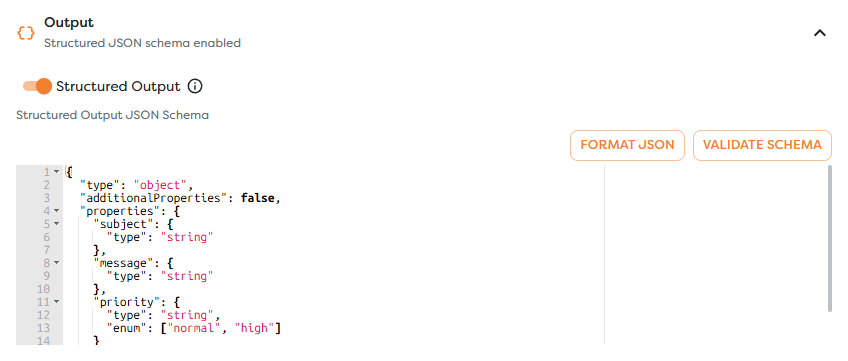 The AI Agent Output panel with a formatted JSON Schema for an event reply