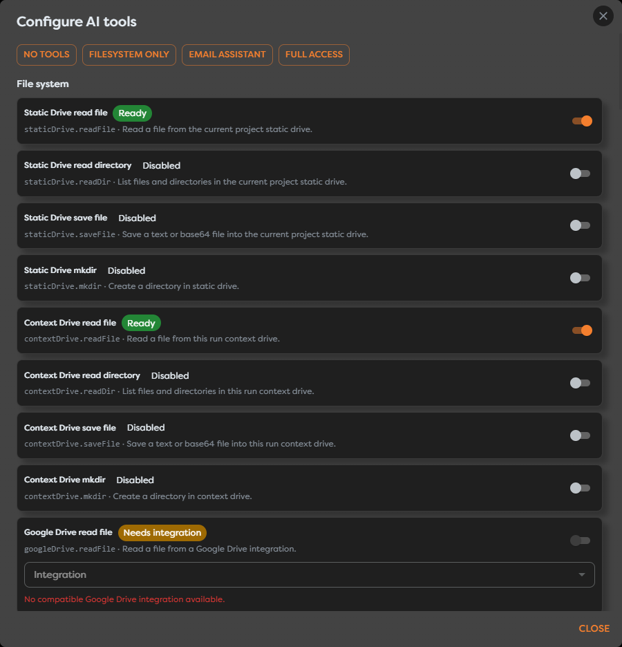 AI tools showing ready project file tools and a Google Drive tool that needs an integration