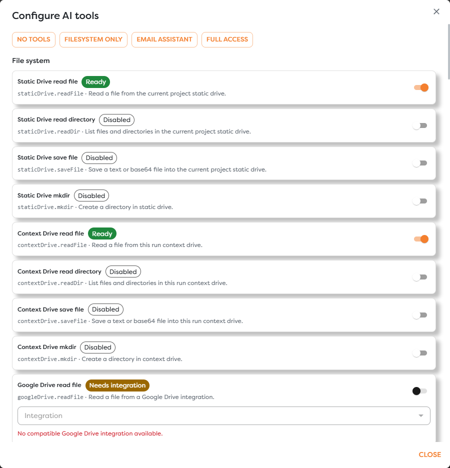 AI tools showing ready project file tools and a Google Drive tool that needs an integration