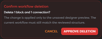The confirmation required before the assistant deletes a block and connection