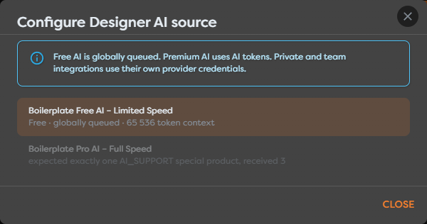 The Designer AI source dialog with the available Builders AI options