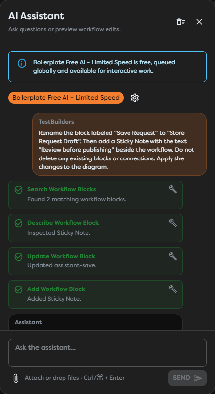 Completed assistant tool calls for inspecting and changing a workflow