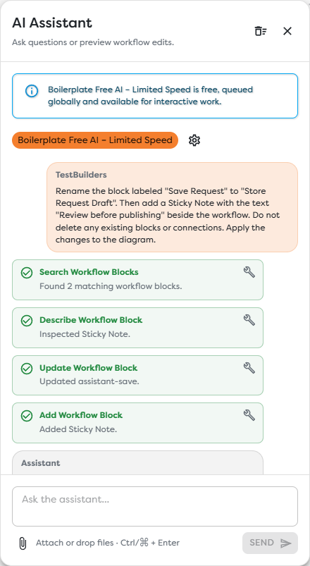 Completed assistant tool calls for inspecting and changing a workflow