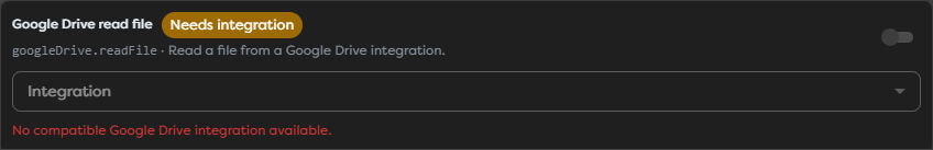 A Google Drive AI tool showing that no compatible integration is available