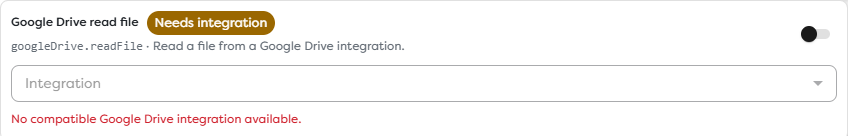 A Google Drive AI tool showing that no compatible integration is available
