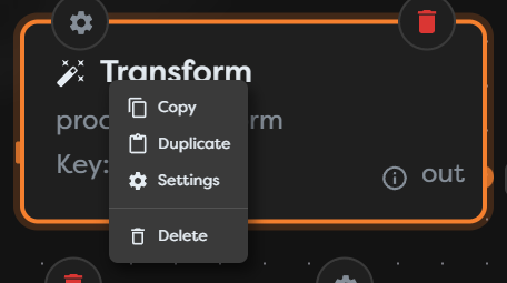 The block context menu with Copy, Duplicate, Settings, and Delete