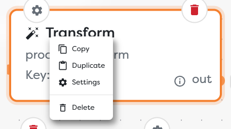 The block context menu with Copy, Duplicate, Settings, and Delete