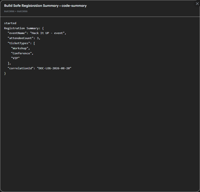 A selected Code block with an indented registration summary in its runtime log