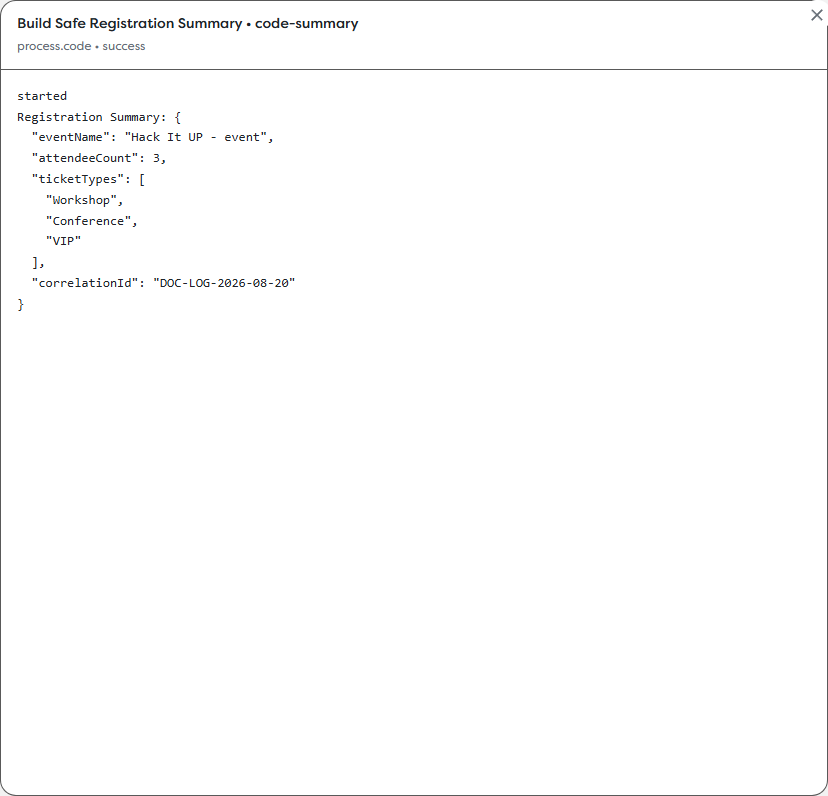 A selected Code block with an indented registration summary in its runtime log