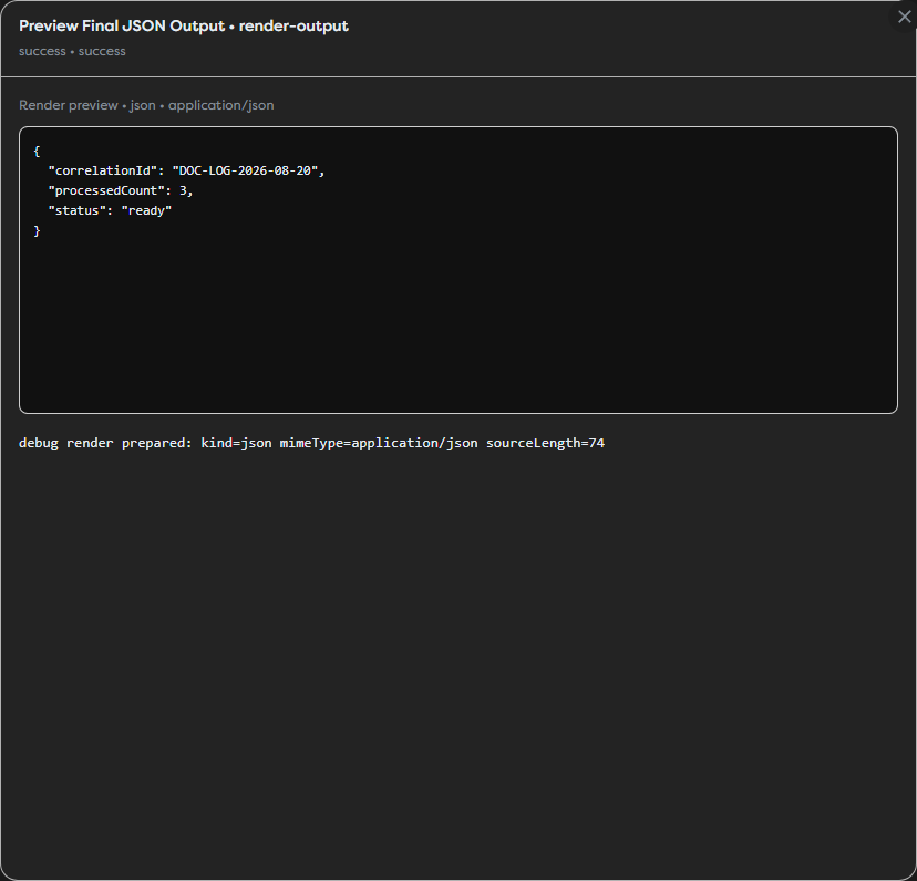 A Render block showing the final structured JSON output and its MIME type