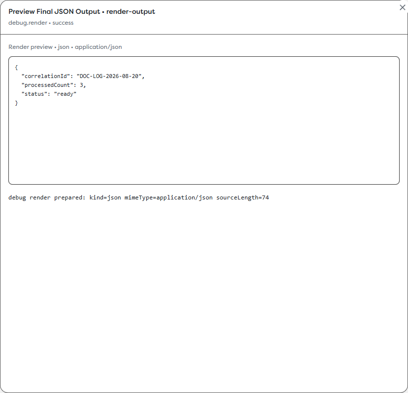 A Render block showing the final structured JSON output and its MIME type