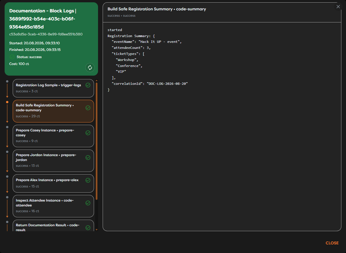 A completed run with the registration summary block selected in the inspector