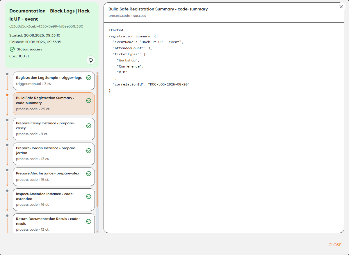 A completed run with the registration summary block selected in the inspector