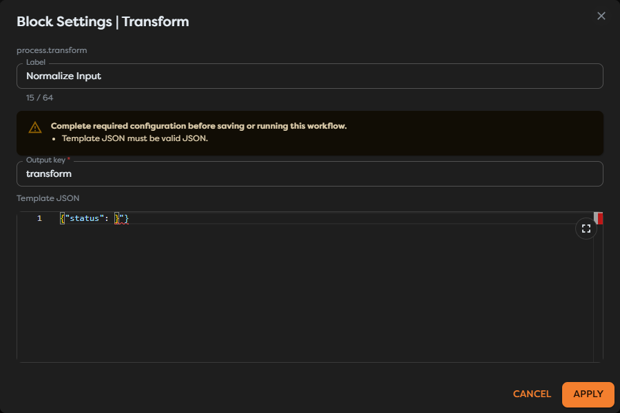 A block settings dialog reporting invalid Template JSON