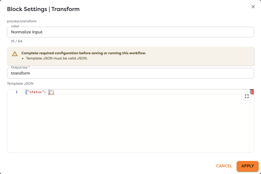 A block settings dialog reporting invalid Template JSON