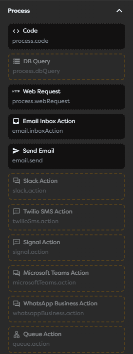 Available and unavailable Process blocks shown together in the catalog