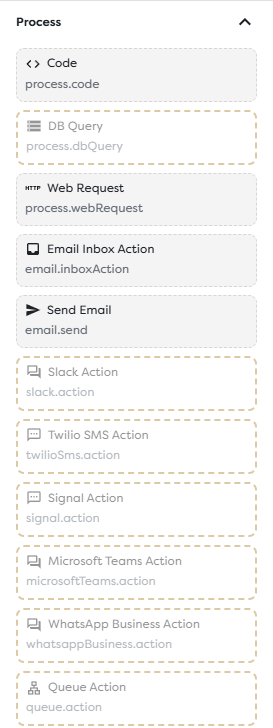 Available and unavailable Process blocks shown together in the catalog