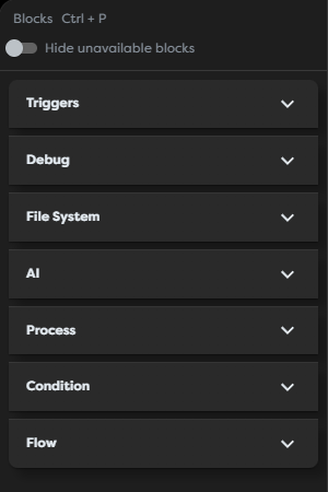 The collapsed block catalog showing every top-level category