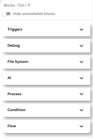 The collapsed block catalog showing every top-level category