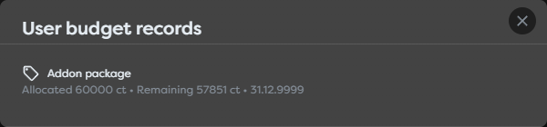 An add-on budget record with allocated balance, remaining balance, and period end