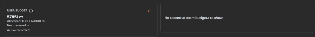 User budget summary with remaining, allocated, renewal, and active-record values