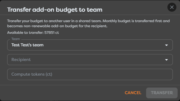 The compute-token transfer dialog with team, recipient, and amount fields