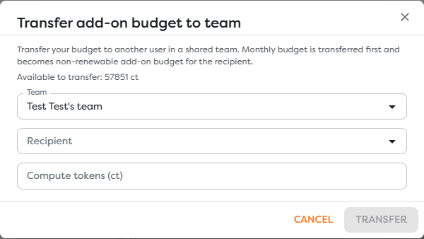 The compute-token transfer dialog with team, recipient, and amount fields