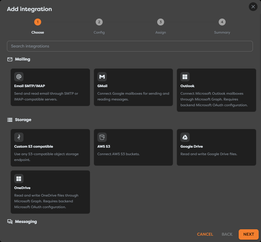 The integration wizard showing mailing, storage, and messaging providers