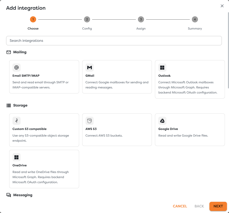 The integration wizard showing mailing, storage, and messaging providers