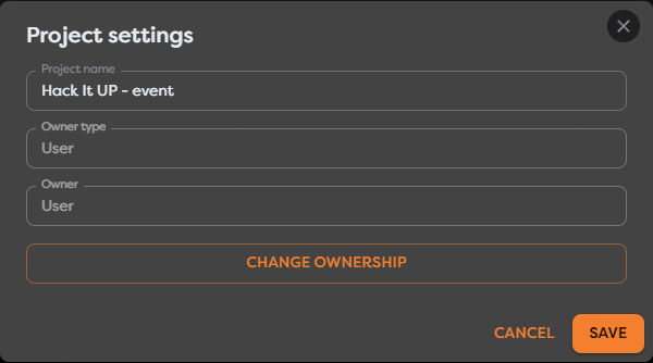 Project settings showing the current owner and the Change ownership action