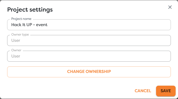 Project settings showing the current owner and the Change ownership action
