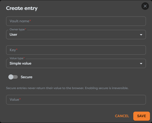 The General Vault entry dialog with ownership, value type, and Secure mode