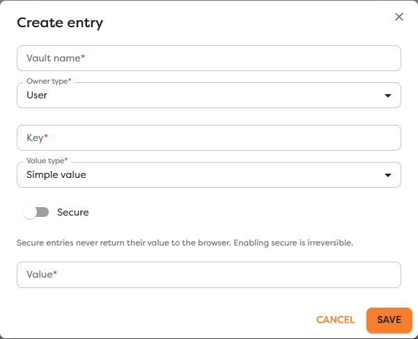 The General Vault entry dialog with ownership, value type, and Secure mode