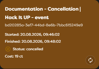 The completed cancellation summary with finish time, cancelled status, and retained cost