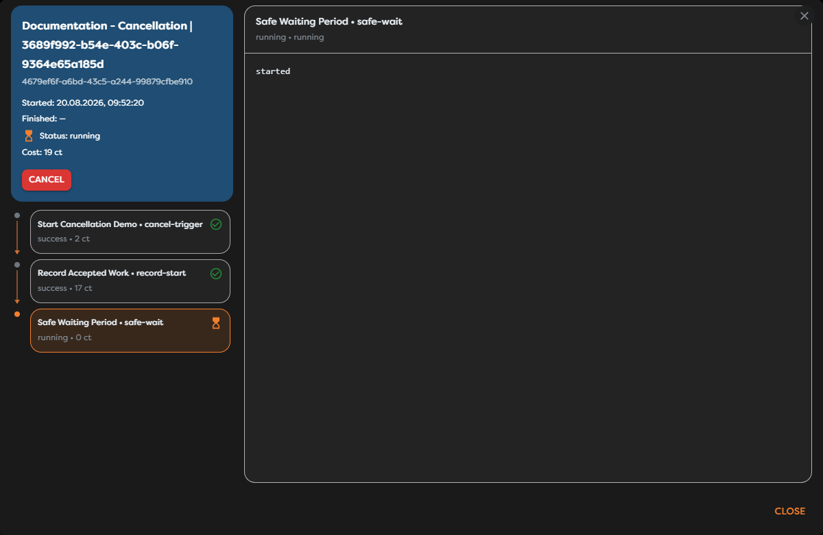 A running workflow with Safe Waiting Period active and the Cancel button available