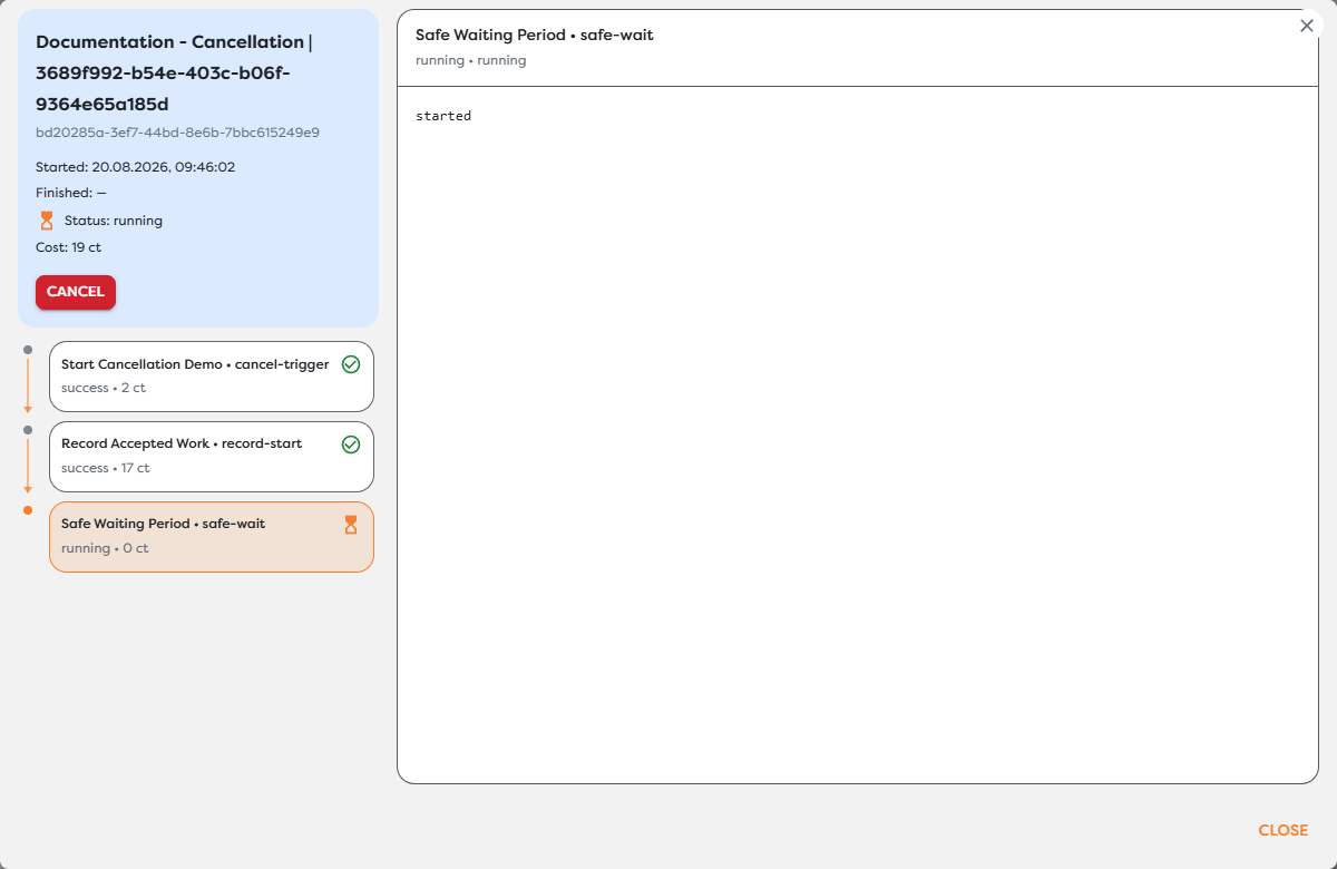 A running workflow with Safe Waiting Period active and the Cancel button available