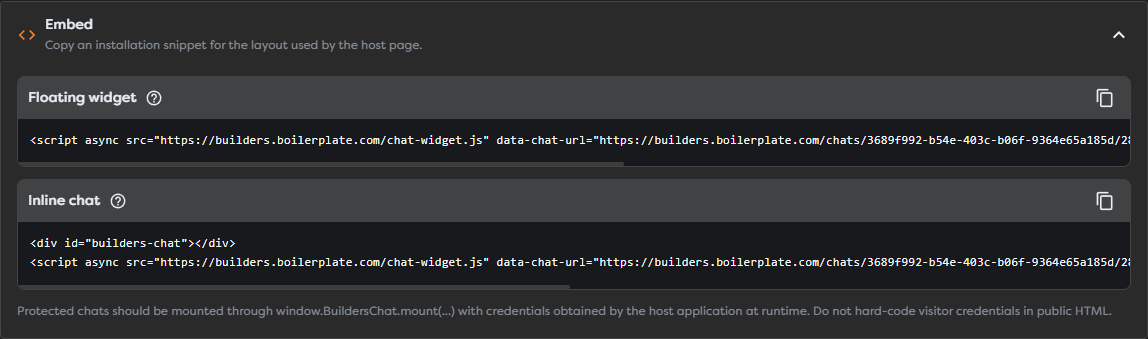 Floating widget and inline chat embed snippets