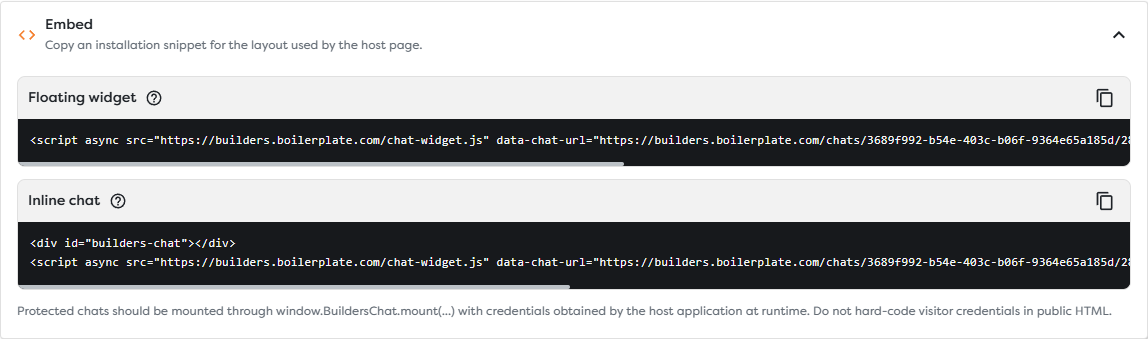 Floating widget and inline chat embed snippets