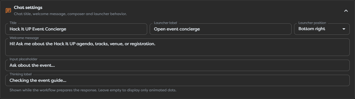 Chat settings for the Hack It UP Event Concierge