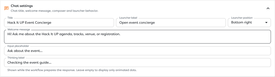 Chat settings for the Hack It UP Event Concierge