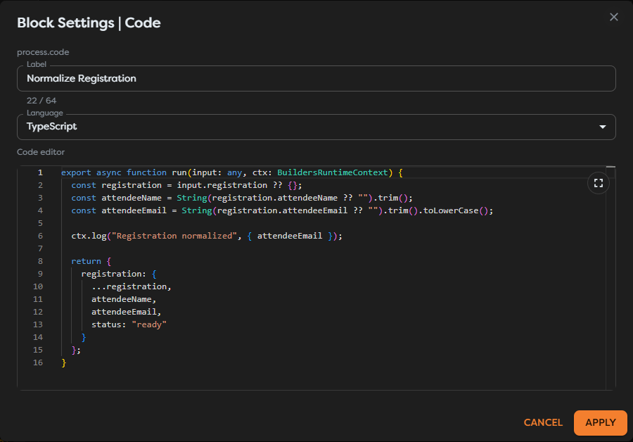 A TypeScript Code block using BuildersRuntimeContext and structured runtime logging